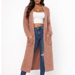 BB Dakota Rose Taupe Long Fuzzy Open-Front Cardigan